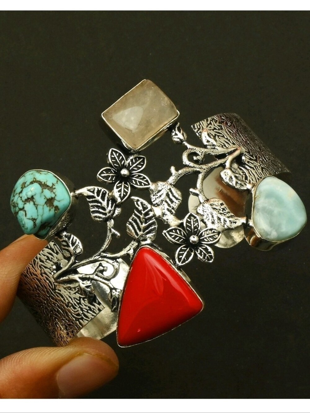 New Ornate Multi Gemstone 925 Silver Cuff Bracelet. 